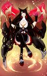  akagi_(azur_lane) animal_ears azur_lane bangs black_hair black_legwear breasts cleavage commentary_request crossed_legs fox_ears fox_tail grin highres japanese_clothes karakure_(kamo-nanban) large_breasts long_hair looking_at_viewer multiple_tails red_eyes skirt smile tail teeth thighhighs 