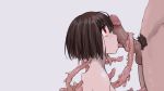  1boy 1girl blush brown_hair censored fellatio from_side grey_background hetero highres looking_up male_pubic_hair monster_girl mosaic_censoring nude oral original pubic_hair red_eyes short_hair simple_background solo tentacle tongue tongue_out yuta_(nvkdighqqs94fg) 