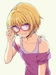  adjusting_eyewear ahoge bangs bare_arms bare_shoulders blonde_hair casual closed_mouth collarbone earrings eyebrows_visible_through_hair glasses idolmaster idolmaster_side-m jewelry male_focus off-shoulder_shirt otoko_no_ko pas_(paxiti) pierre_(idolmaster) pink-framed_eyewear pink_shirt purple_eyes shirt simple_background smile upper_body yellow_background 