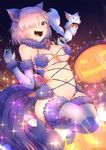  :d bare_shoulders blush breasts cleavage commentary_request creature dangerous_beast detached_collar fang fate/grand_order fate_(series) fou_(fate/grand_order) fur-trimmed_gloves fur-trimmed_legwear fur_collar fur_trim gloves hair_over_one_eye highres jack-o'-lantern jumping lace lace-trimmed_thighhighs light_particles looking_at_viewer mash_kyrielight medium_breasts midair nakta navel open_mouth pumpkin purple_eyes purple_gloves purple_hair purple_legwear short_hair signature smile sparkle stomach sweat thighhighs 