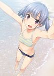  :d armpits arms_up bare_legs barefoot beach bikini blue_hair breasts collarbone eyebrows_visible_through_hair foreshortening from_above highres kantai_collection looking_at_viewer nagami_yuu navel non-web_source ooshio_(kantai_collection) open_mouth outdoors outstretched_arms purple_eyes short_twintails small_breasts smile solo swimsuit tankini twintails wading 