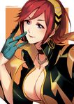  blue_eyes breasts cleavage commentary earrings hairband jewelry kaname_buccaneer large_breasts lipstick macross macross_delta makeup mibry_(phrysm) necklace red_hair short_hair torso 