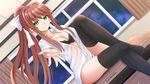  bad_anatomy bad_leg black_bra bow bra breasts brown_hair cleavage doki_doki_literature_club dutch_angle eyebrows_visible_through_hair green_eyes hair_bow high_ponytail highres indoors kazenokaze long_hair looking_at_viewer md5_mismatch medium_breasts monika_(doki_doki_literature_club) open_clothes open_shirt ponytail reaching_out shirt sitting sky smile solo star_(sky) starry_sky thighhighs underwear window 
