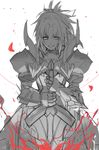  :d armor clarent fate/apocrypha fate_(series) green_eyes highres mizu_(dl7613) mordred_(fate) mordred_(fate)_(all) open_mouth planted_sword planted_weapon sketch smile solo spot_color sword v-shaped_eyebrows weapon white_background 
