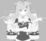  &gt;:) bad_id bad_pixiv_id bangs commentary_request crossed_arms dan_(kumadan) fang fingerless_gloves gloves grey hair_flaps hair_ornament hair_ribbon hairclip kantai_collection long_hair machinery monochrome neckerchief red_eyes remodel_(kantai_collection) ribbon scarf short_sleeves smile solo spot_color turret v-shaped_eyebrows yuudachi_(kantai_collection) 