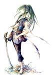  full_body graphite_(medium) highres kujira_no_kora_wa_sajou_ni_utau long_hair male_focus marker_(medium) nekoritatsuki ouni planted_sword planted_weapon ponytail sandals standing sword traditional_media weapon 