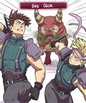  artist_name battle_tendency belt black_gloves black_sclera blonde_hair breath brown_hair caesar_anthonio_zeppeli clenched_teeth crisis_core_final_fantasy_vii crossover dated diceratops_(crisis_core) dirty emeraudolupus emphasis_lines english facial_mark final_fantasy final_fantasy_vii fingerless_gloves fleeing gloves headband highres horns jojo_no_kimyou_na_bouken joseph_joestar_(young) light_trail looking_back monster parody running shoulder_pads signature suspenders sweat sword teeth turtleneck weapon winged_hair_ornament 