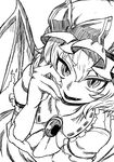  ascot bangs bat_wings blush bow brooch eyebrows_visible_through_hair fang fingernails greyscale hair_between_eyes hand_up hat hat_bow highres himajin_noizu jewelry looking_at_viewer mob_cap monochrome open_mouth remilia_scarlet sharp_fingernails short_hair short_sleeves simple_background slit_pupils solo torn_wings touhou upper_body white_background wings 