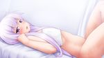  ahoge alternate_hairstyle bangs bed_sheet blush commentary_request covering dutch_angle eyebrows_visible_through_hair flat_chest kuroimori99 legs_up long_hair looking_at_viewer looking_to_the_side lying nude nude_cover on_back on_bed open_mouth purple_eyes purple_hair solo sweat thighs towel vocaloid voiceroid yuzuki_yukari 