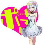  arms_behind_back bangs blue_dress blush character_name collar condom_wrapper cowboy_shot dress frilled_dress frills hair_ornament heart heart_hair_ornament looking_at_viewer mouth_hold multicolored_hair original purple_eyes short_hair shunin simple_background solo spiked_collar spikes standing 