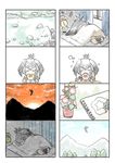  4koma alarm_clock bird_tail clock comic curtains day drawing eating fishing flower flower_pot flying food futon grey_hair head_wings highres indoors japari_bun japari_symbol kemono_friends low_ponytail mountain multiple_4koma murakami_kou_(raye) outdoors pencil shoebill_(kemono_friends) short_hair silent_comic sketchpad sleeping sunset tree window 