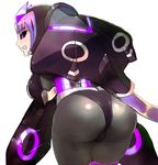  1girl armor artist_request ass azure_striker_gunvolt bared_teeth black_sclera bodysuit breasts clenched_teeth elise_(gunvolt) from_behind huge_ass large_ass purple_eyes purple_hair shiny shiny_clothes shiny_hair sideboob skin_tight solo thick_thighs thighs wide_hips 