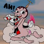  1boy 1girl 2017 ass barefoot bluejr blush brown_hair cloud couple cuphead cuphead_(game) english_text feet gloves hilda_berg hug interspecies looking_back naughty_face nude open_mouth pointy_nose rubbing sexually_suggestive short_hair soles spanking text toes tongue tongue_out 