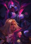  absurdres armor armored_dress blonde_hair breasts commentary covered_nipples demon_girl evelynn eyelashes femdom hairband highres large_breasts league_of_legends lips luxanna_crownguard moaning monori_rogue multicolored_hair multiple_girls one_eye_closed open_mouth pink_hair purple_hair purple_sclera purple_skin torn_clothes two-tone_hair yellow_eyes yuri 