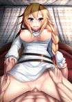 1girl :o abs blonde_hair bottomless braid breasts breasts_outside censored chateau_gaillard_(oshiro_project) clothed_female_nude_male clothed_sex cowgirl_position fuuki_(te_fuukin) girl_on_top hetero highres long_hair looking_at_viewer medium_breasts nipples nude open_mouth oshiro_project oshiro_project_re penis purple_eyes pussy sex shiny shiny_skin shirt spread_legs straddling thigh_grab torogao vaginal white_shirt 