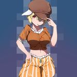  animal_ears blonde_hair breasts brown_hat bunny_ears cabbie_hat commentary_request cowboy_shot floppy_ears hat large_breasts midriff navel orange_shirt otoufu_(wddkq314band) red_eyes ringo_(touhou) shirt short_hair short_sleeves shorts solo striped touhou yellow_shorts 