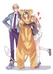  2boys animal_costume blazer blonde_hair cardcaptor_sakura cosplay costume fate/grand_order fate_(series) fujimaru_ritsuka_(male) gilgamesh gilgamesh_(caster)_(fate) hair_bobbles hair_ornament hand_on_another's_head hug jacket kero kero_(cosplay) kichi_(kitiokitioo) kinomoto_sakura kinomoto_sakura_(cosplay) kinomoto_touya kinomoto_touya_(cosplay) mary_janes multiple_boys necktie nero_claudius_(fate) nero_claudius_(fate)_(all) pants sandwiched school_uniform seiyuu_connection seki_tomokazu shoes short_hair smile tange_sakura tomoeda_elementary_school_uniform tomoeda_high_school_uniform twintails two_side_up wings 