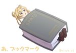  :d abukuma_(kantai_collection) blonde_hair blue_eyes book book_focus bookmark double_bun eyebrows_visible_through_hair hair_rings kantai_collection misumi_(niku-kyu) open_mouth pun simple_background smile solo translated twintails v-shaped_eyebrows white_background 