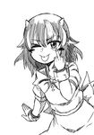  :p akanbe bangs blush bow bowtie eyebrows_visible_through_hair greyscale hand_up highres himajin_noizu horns kijin_seija looking_at_viewer middle_finger monochrome multicolored_hair one_eye_closed short_hair short_sleeves simple_background solo streaked_hair tongue tongue_out touhou upper_body white_background 
