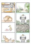  4koma animal animal_on_head basin bird bird_on_head cat comic duck duckling food grass grey_hair grey_shirt head_wings highres japari_bun kemono_friends leaf low_ponytail multiple_4koma murakami_kou_(raye) on_head plant shirt shoebill_(kemono_friends) short_hair silent_comic sleeping stone washpan water 