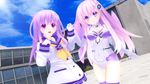  2girls choujigen_game_neptune dress dual_persona leotard multiple_girls nepgear neptune_(series) purple_eyes purple_hair thighhighs 