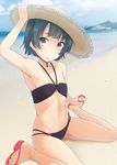  arare_(kantai_collection) arm_up armpits bare_legs beach bikini black_bikini blue_hair blue_sky blurry day depth_of_field flat_chest flip-flops halterneck hand_on_headwear hand_on_own_foot hat highres kantai_collection looking_at_viewer multi-strapped_bikini nagami_yuu navel non-web_source o-ring o-ring_bikini o-ring_bottom o-ring_top outdoors parted_lips purple_eyes red_footwear sandals short_hair sitting sky solo straw_hat sun_hat swimsuit wariza 