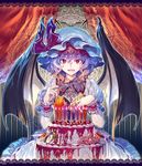  bat_wings cake candle commentary_request curtains fang fingernails flower food fork fruit hair_between_eyes hat hat_ribbon holding indoors looking_at_viewer mob_cap nail_polish open_mouth pocket_watch puffy_short_sleeves puffy_sleeves purple_hair red_eyes red_nails red_ribbon remilia_scarlet revision ribbon rose sharp_fingernails short_sleeves smile solo strawberry touhou watch white_hat wings wrist_cuffs zounose 