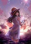  amage_kanade bad_id bad_pixiv_id ball beachball black_eyes brown_hair dress fisheye hair_ornament hairclip hat lens_flare long_hair looking_back ocean polka_dot polka_dot_dress solo sophia_esteed star_ocean star_ocean_till_the_end_of_time sun sun_hat wading 