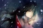  ahri animal_ears bare_shoulders black_hair breasts cleavage collarbone commentary detached_sleeves facial_mark fox_ears korean_clothes large_breasts league_of_legends lips long_hair looking_at_viewer red_hod slit_pupils snow snowing solo whisker_markings yellow_eyes 