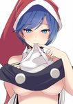  amisu antinomy_of_common_flowers bangs bare_shoulders black_capelet blue_eyes blue_hair blush breasts capelet closed_mouth commentary_request doremy_sweet eyebrows_visible_through_hair finger_to_mouth hand_up hat looking_at_viewer medium_breasts mouth_hold nightcap pom_pom_(clothes) short_hair simple_background sleeveless smile solo touhou underboob upper_body white_background 