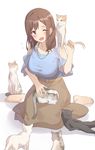  ;d barefoot blush breasts brown_hair brown_skirt cat cat_on_lap collarbone flying_sweatdrops highres jewelry kitazawa_(embers) large_breasts necklace one_eye_closed open_mouth original purple_eyes seiza simple_background sitting skirt smile white_background 