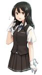  :d black_hair black_skirt black_vest blouse brown_eyes gloves kantai_collection long_hair open_mouth oyashio_(kantai_collection) pleated_skirt short_sleeves simple_background skirt smile solo terrajin twitter_username vest white_background white_blouse white_gloves 