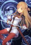  artist_name asuna_(sao) blush breasts brown_eyes brown_hair eyebrows_visible_through_hair highres holding holding_sword holding_weapon large_breasts long_hair looking_at_viewer open_mouth pantyhose red_legwear sheath solo sword sword_art_online sword_art_online_the_movie:_ordinal_scale weapon yeh_(354162698) 