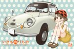  beret brown_eyes brown_footwear brown_hair car eyebrows_visible_through_hair full_body ground_vehicle hand_on_own_face hat mary_janes motor_vehicle original overalls sato_miiko shoes short_hair short_sleeves sitting smile solo subaru_(brand) subaru_360 white_legwear 