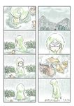  4koma animal bird boots cloud cloudy_sky comic duck duckling grass grey_hair highres hood kemono_friends mountain multiple_4koma murakami_kou_(raye) outdoors rain raincoat ripples rubber_boots searching shoebill_(kemono_friends) silent_comic sky tree wading water 