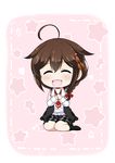  ^_^ ahoge alternate_costume black_hair black_legwear black_skirt black_vest braid chibi closed_eyes hair_flaps hair_ornament hair_over_shoulder hands_on_own_chest highres kantai_collection red_neckwear remodel_(kantai_collection) seiza shigure_(kantai_collection) single_braid sitting skirt smile solo star starry_background tenshin_amaguri_(inobeeto) vest 