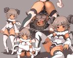  1girl ass cameltoe female garoudo_(kadouhan&#039;i) grey_background grey_hair looking_through_legs open_mouth original partially_visible_vulva pussy_juice sheep_horns short_hair simple_background solo tail thigh_boots upside-down wings 
