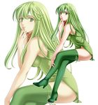  bangs bare_arms bare_shoulders blush boots breasts closed_mouth crossed_legs dress finger_to_mouth fire_emblem from_side full_body green_dress green_eyes green_footwear green_hair green_ribbon hand_on_own_leg headband high_heel_boots high_heels highres invisible_chair leaning_forward lips long_hair looking_at_viewer looking_to_the_side medium_breasts paola ribbon side_slit simple_background sitting sleeveless sleeveless_dress smile solo tamamon thigh_boots thighhighs very_long_hair white_background zoom_layer 