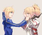  afternoir ahoge armor artoria_pendragon_(all) blonde_hair blue_eyes blue_ribbon blush braid crying fate/apocrypha fate/grand_order fate/stay_night fate_(series) father_and_daughter french_braid green_eyes juliet_sleeves long_sleeves mordred_(fate) mordred_(fate)_(all) multiple_girls ponytail puffy_sleeves ribbon saber smile tan_background tears wiping_face wiping_tears 