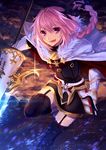  armor bangs black_legwear black_ribbon black_skirt boots fang fate/apocrypha fate_(series) fur-trimmed_cloak fur_trim garter_straps gauntlets gloves hair_between_eyes hair_ribbon highres looking_at_viewer navel open_mouth pillow pink_eyes pink_hair ribbon rider_of_black skirt smile solo thighhighs trap weapon zettai_ryouiki 