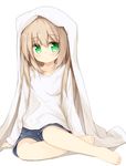  bangs barefoot blanket blue_shorts blush closed_mouth eyebrows_visible_through_hair full_body green_eyes hair_between_eyes light_brown_hair long_hair long_sleeves looking_at_viewer original shirt shorts simple_background sitting sleeves_past_wrists solo tareme under_covers white_background white_shirt yuuhagi_(amaretto-no-natsu) 