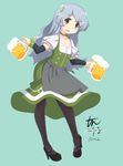  alcohol alternate_costume alternate_hairstyle alternate_legwear apron aqua_background arm_warmers beer beer_mug black_footwear black_legwear commentary_request cup dirndl dress german_clothes green_hairband green_ribbon grey_eyes hairband high_heels holding holding_cup kantai_collection long_hair neck_ribbon oktoberfest open_mouth pantyhose puffy_short_sleeves puffy_sleeves revision ribbon shoes short_sleeves signature silver_hair smile solo tun underbust waist_apron wavy_hair yamagumo_(kantai_collection) 