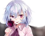  alcohol asuzemu bangs blue_hair cup drinking_glass fangs holding holding_cup looking_at_viewer parted_lips red_eyes remilia_scarlet short_hair smile solo touhou upper_body white_background wine wine_glass wing_collar 