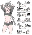  abs alternate_costume amagiri_(kantai_collection) arms_behind_head asymmetrical_bangs bangs bike_shorts blush breasts collarbone commentary exercise eyebrows_visible_through_hair full_plank glasses grey_hair hair_between_eyes kantai_collection long_hair looking_at_viewer multiple_views navel planking ponytail shorts simple_background small_breasts smile sweat sweatdrop undershirt very_long_hair white_background zuizou |_| 