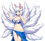  absurdres animal_ears asamura_hiori azur_lane bangs bikini blue_bikini_top blue_eyes breasts cleavage closed_mouth commentary_request cowboy_shot eyebrows_visible_through_hair eyeliner fox_ears fox_shadow_puppet front-tie_bikini front-tie_top gradient gradient_background halterneck highres kaga_(azur_lane) large_breasts looking_at_viewer makeup mask mask_on_head multiple_tails navel petals sarong short_hair simple_background smile solo swimsuit tail white_background white_bikini_bottom white_hair wrist_cuffs 