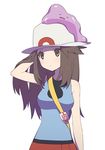  agata_(agatha) bad_id bad_twitter_id bag bare_arms blue_(pokemon) blush breasts brown_eyes brown_hair closed_eyes closed_mouth ditto expressionless gen_1_pokemon half-closed_eyes hat long_hair looking_to_the_side medium_breasts on_head open_mouth pokemon pokemon_(creature) pokemon_(game) pokemon_frlg pokemon_on_head red_skirt shirt simple_background skirt sleeveless sleeveless_shirt sun_hat wavy_mouth white_background 