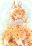  animal_ears blonde_hair bow bowtie breasts elbow_gloves extra_ears gloves japa kemono_friends looking_at_viewer medium_breasts open_mouth paw_pose print_gloves print_legwear print_neckwear print_skirt serval_(kemono_friends) serval_ears serval_print serval_tail skirt sleeveless smile solo tail thighhighs white_footwear white_gloves yellow_eyes yellow_legwear 