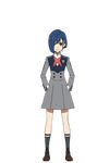  blue_hair brown_footwear closed_mouth darling_in_the_franxx dress expressionless full_body green_eyes grey_dress hair_ornament hair_over_one_eye hairclip hands_in_pockets ichigo_(darling_in_the_franxx) long_sleeves looking_at_viewer mary_janes military military_uniform official_art school_uniform shoes short_hair sock_garters socks solo standing tanaka_masayoshi transparent_background uniform 