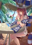  animal_ears bikini blue_bikini blush breasts cleavage collarbone day ears_through_headwear fate/extra fate/grand_order fate_(series) fox_ears fox_tail hat highres large_breasts long_hair looking_at_viewer nature ocean outdoors palm_leaf palm_tree pink_hair sakaki_(sakayu123) see-through sitting solo sun_hat swimsuit tail tamamo_(fate)_(all) tamamo_no_mae_(swimsuit_lancer)_(fate) tree yellow_eyes 