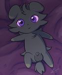  1boy 2017 animal_ears arms_up bed_sheet blush blush_stickers dated espurr expressionless from_above full_body furry looking_at_viewer lying male_focus no_humans nude on_back penis pokemon pokemon_(creature) pokemon_xy purple_background purple_eyes signature simple_background solo spread_legs tail testicles text uncensored zekromlover 